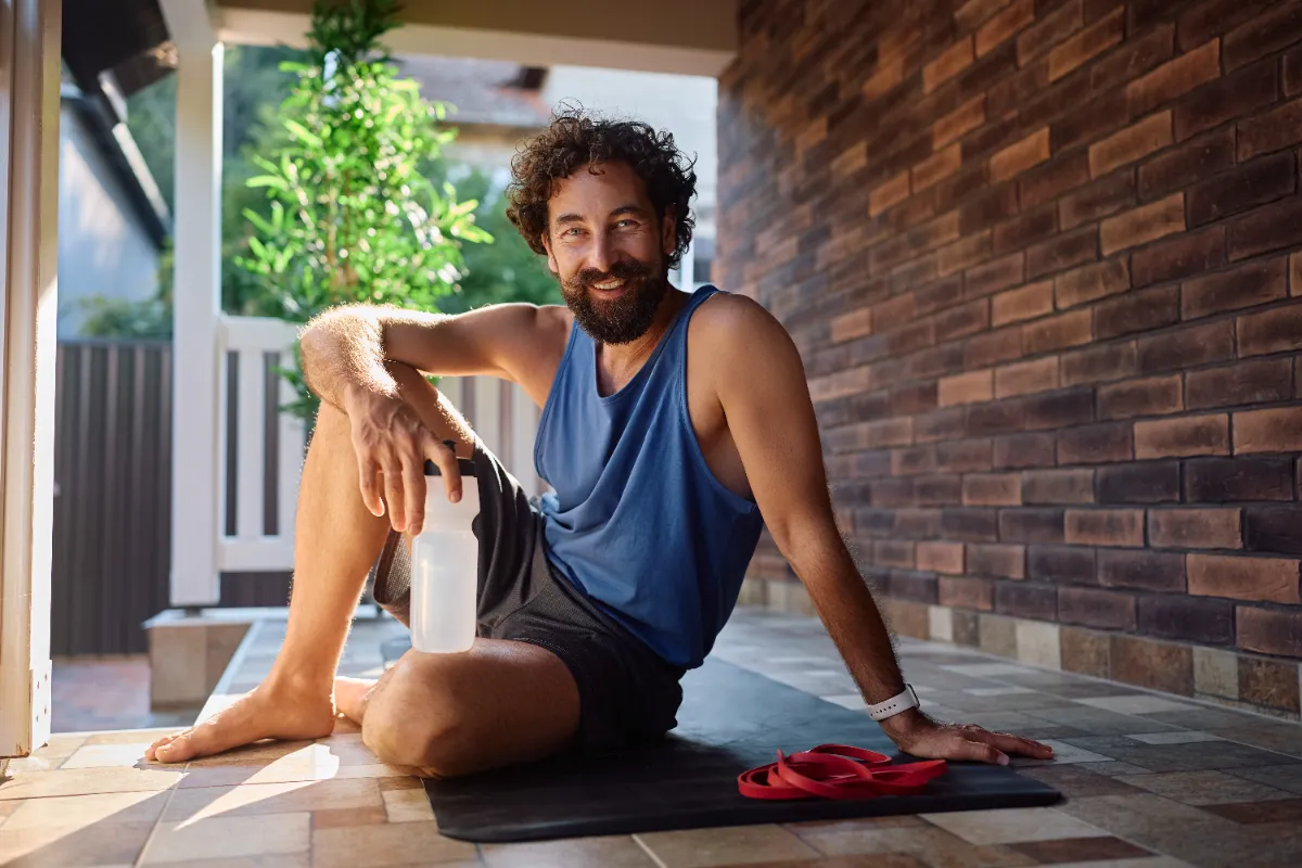 Man resting with a water bottle after exercise