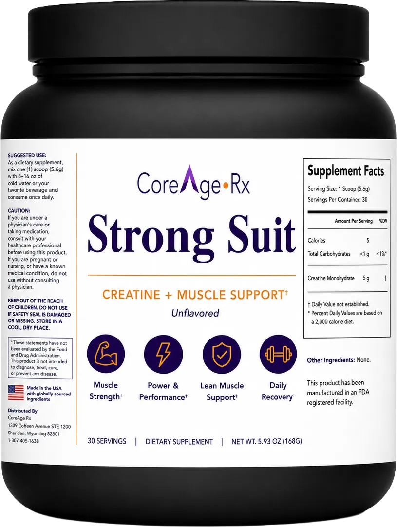 CoreAge Rx Strong Suit creatine monohydrate with its Supplement Facts panel