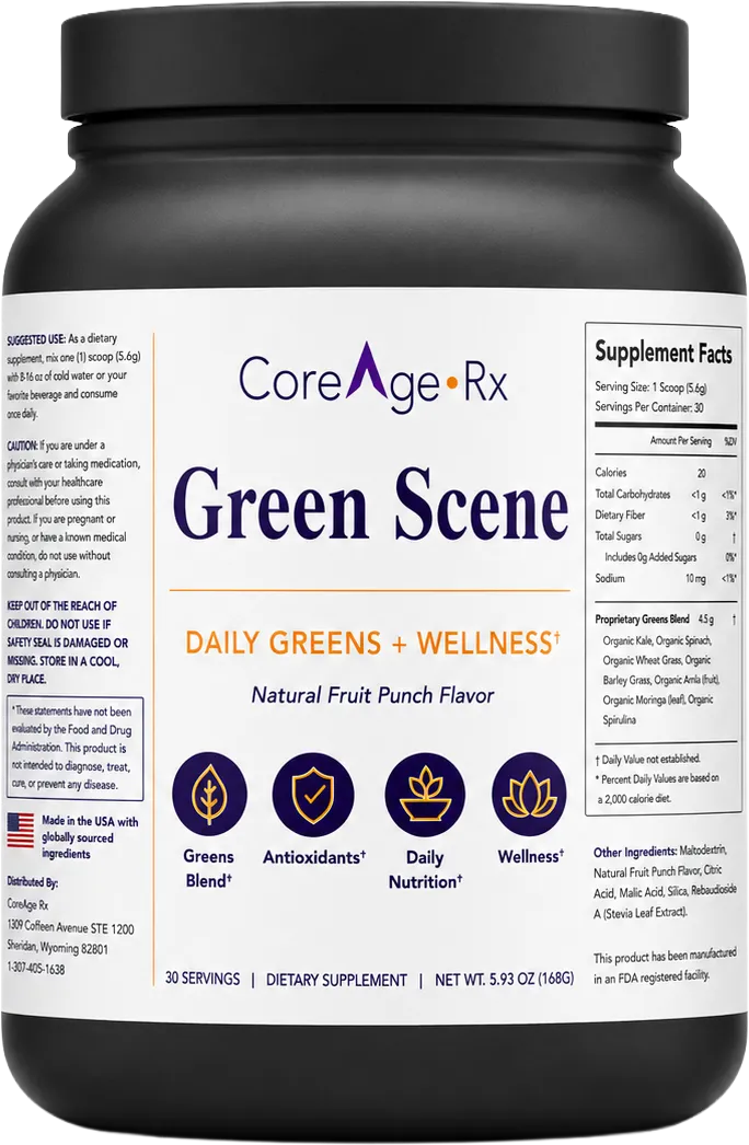 CoreAge Rx Green Scene greens powder with its Supplement Facts panel