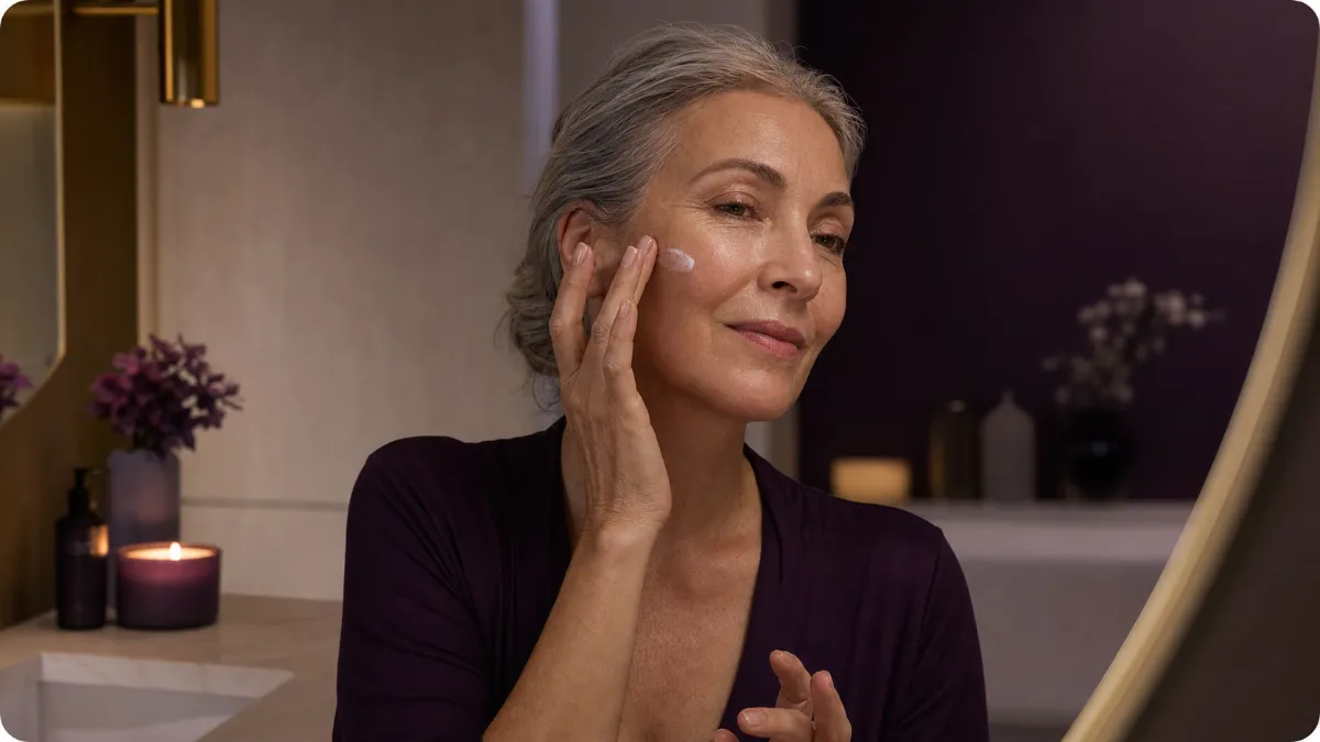 Woman applying skin care in an evening setting