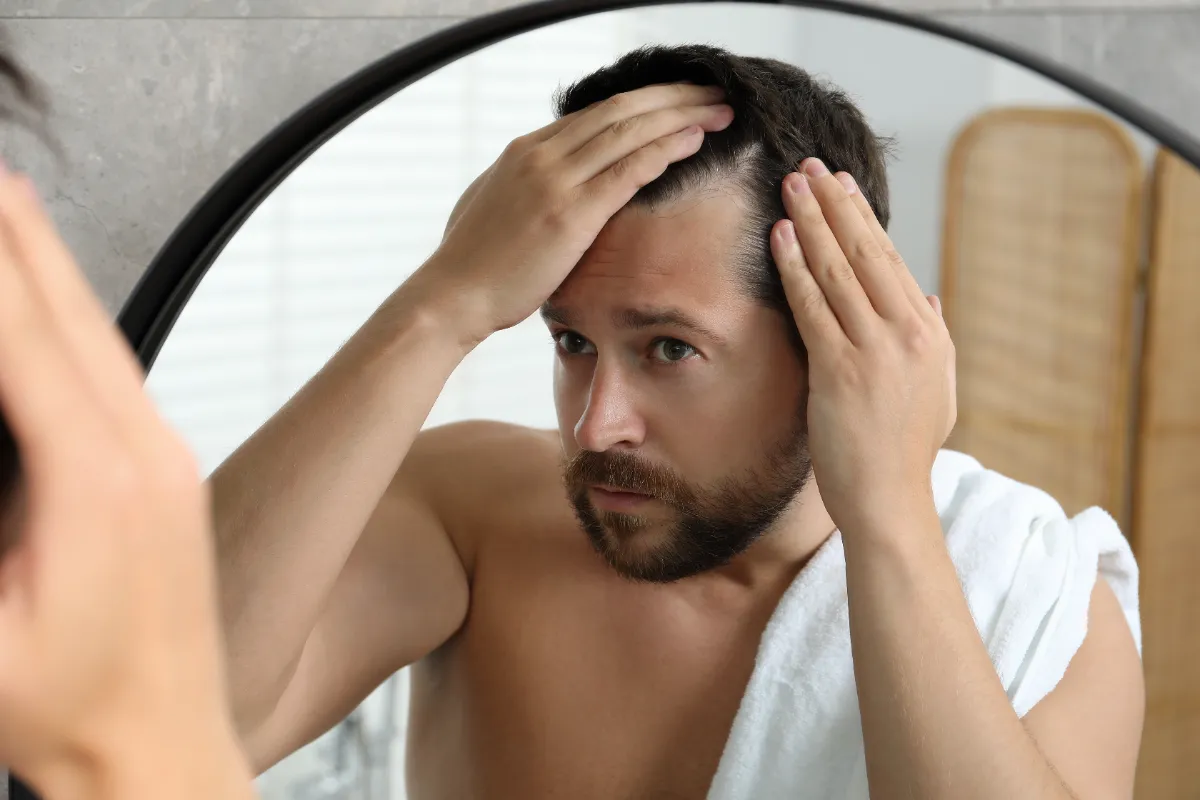 A man examines his hairline in a bathroom mirror.