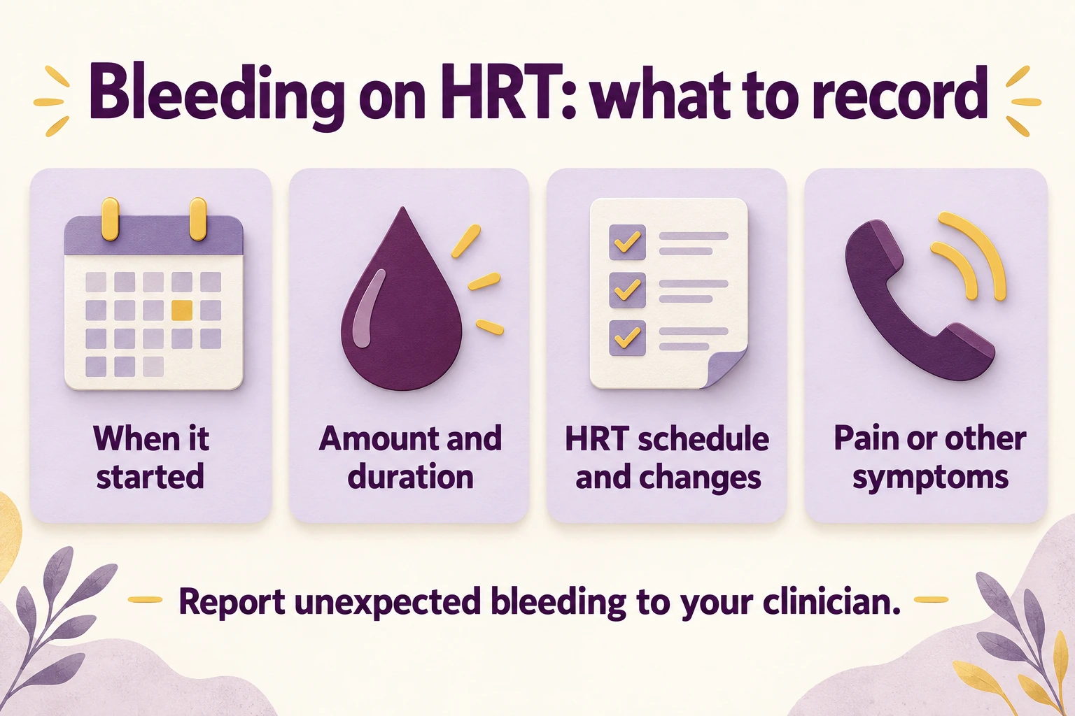Educational graphic: Bleeding on HRT: what to record. When it started; Amount and duration; HRT schedule and changes; Pain or other symptoms. Report unexpected bleeding to your clinician.