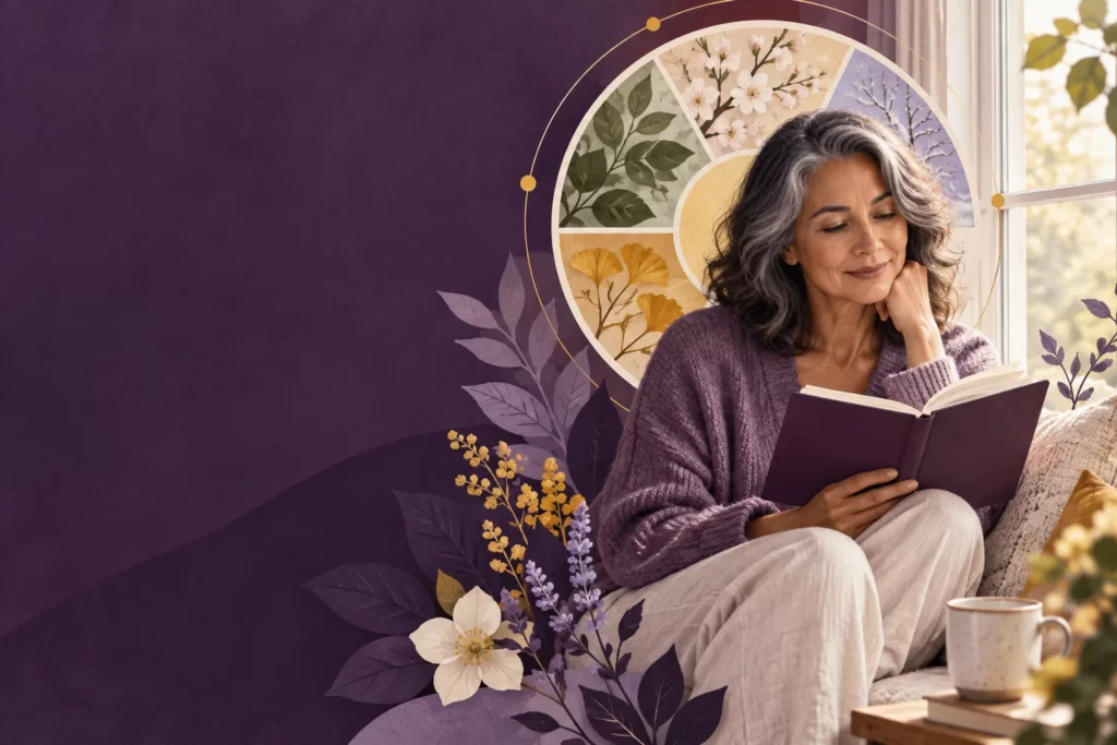 A woman reviews a notebook beside seasonal botanical shapes.
