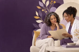A woman and clinician review a health-history folder together.