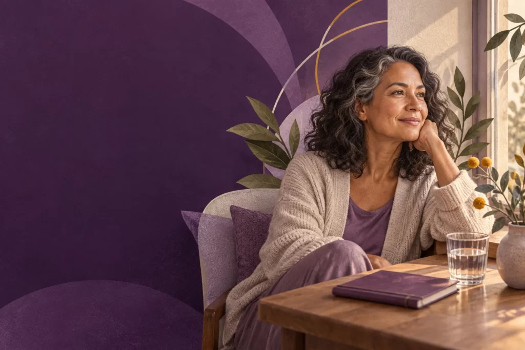 A woman takes a quiet break beside a shaded window.