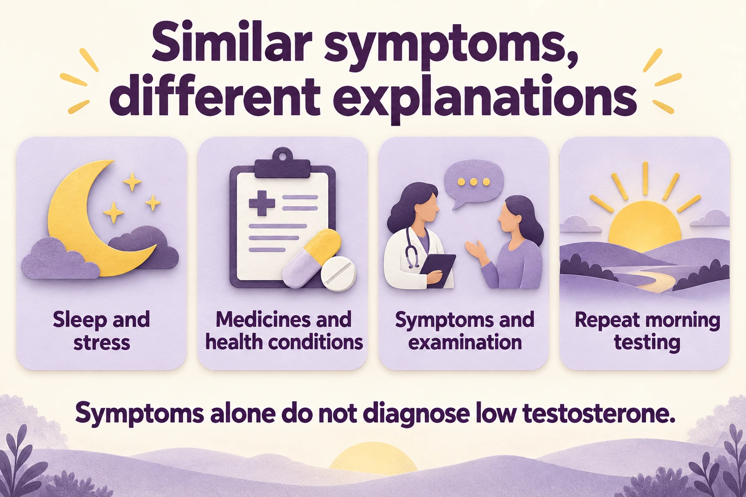 Educational graphic: Similar symptoms, different explanations. Sleep and stress; Medicines and health conditions; Symptoms and examination; Repeat morning testing. Symptoms alone do not diagnose low testosterone.