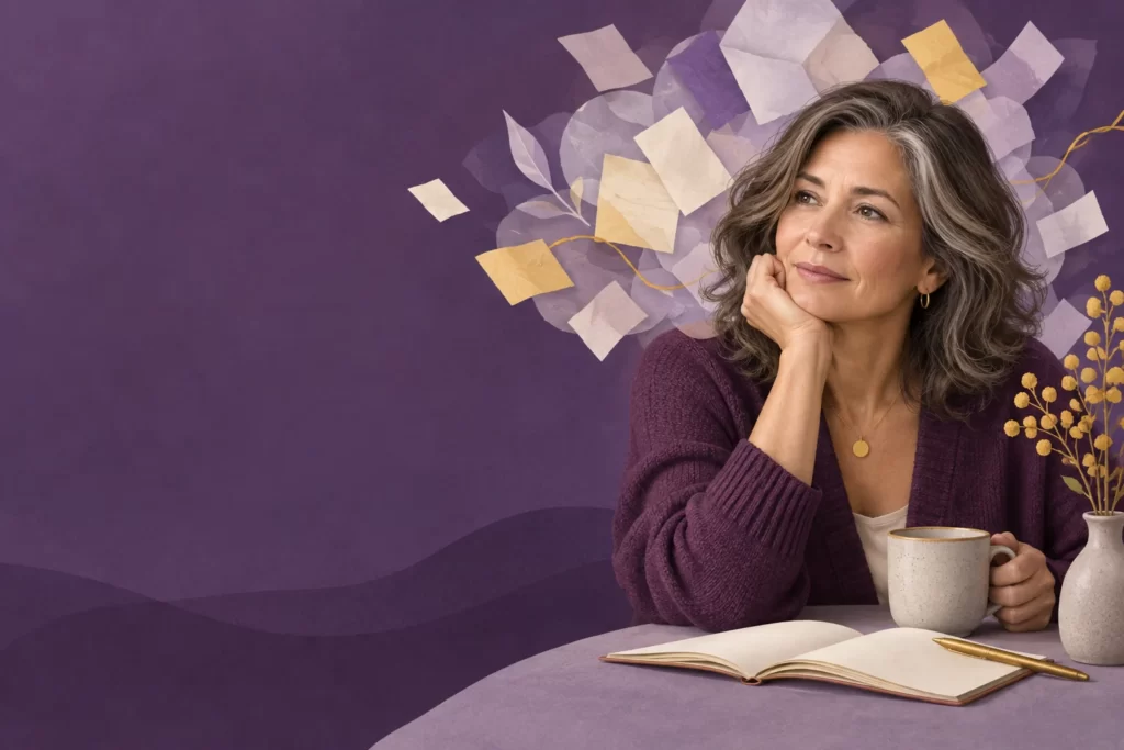 A midlife woman pauses beside a notebook and abstract paper shapes.