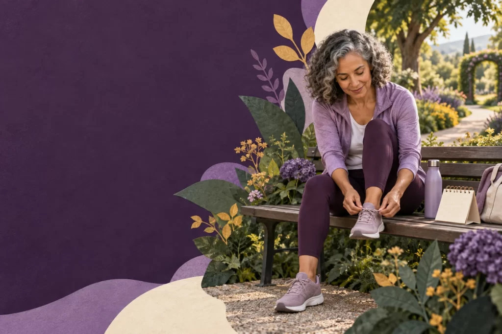 A midlife woman prepares for a walk beside a garden path.