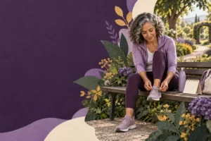 A midlife woman prepares for a walk beside a garden path.
