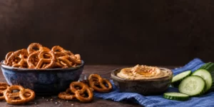 Original AI-generated editorial image: Bowl of hard pretzels beside hummus and cucumber on a cornflower-blue napkin and dark tabletop.