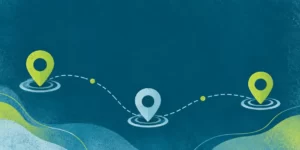 Original AI-generated editorial image: Turquoise screenprint with three abstract location pins and a curved route accented in lime and pale blue.