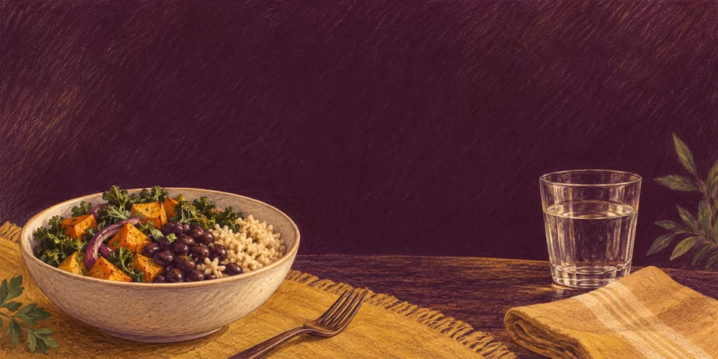 Original AI-generated editorial image: Colored-pencil meal illustration with vegetables, beans, rice, and water against a deep-plum background.