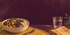 Original AI-generated editorial image: Colored-pencil meal illustration with vegetables, beans, rice, and water against a deep-plum background.