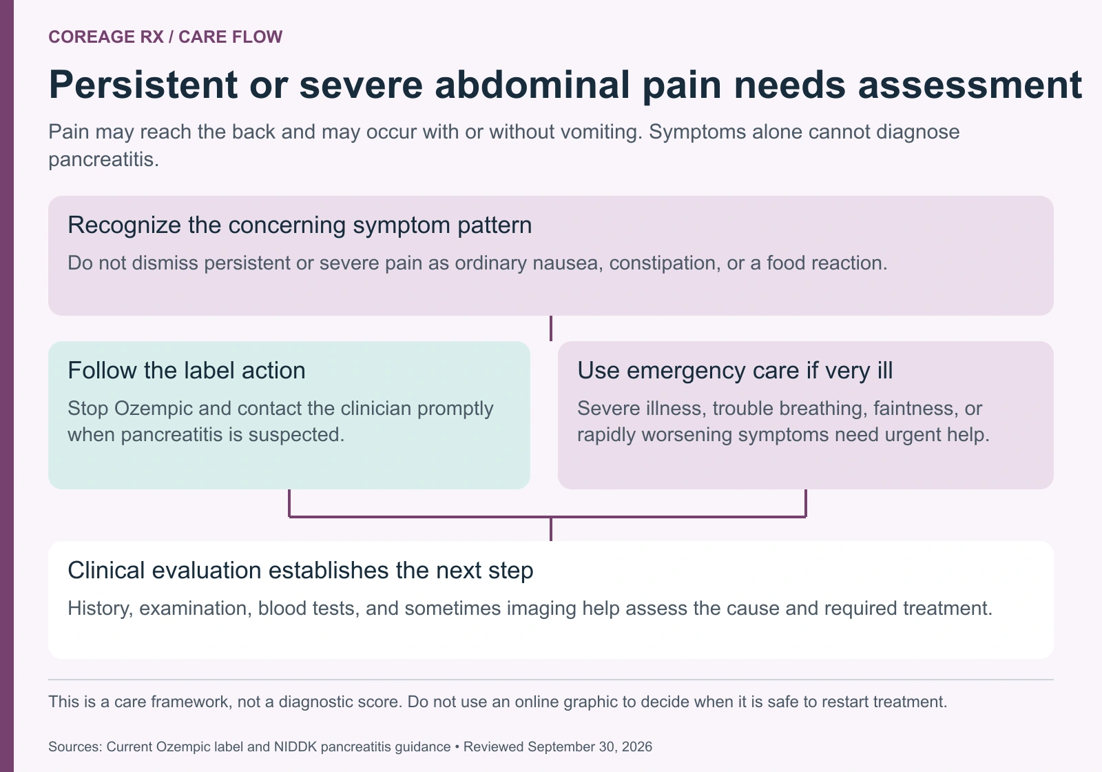 Pancreatitis care flow: persistent or severe abdominal pain, with or without vomiting, prompts label-directed stopping and clinician contact; severe illness needs emergency care, and clinical evaluation determines the cause.