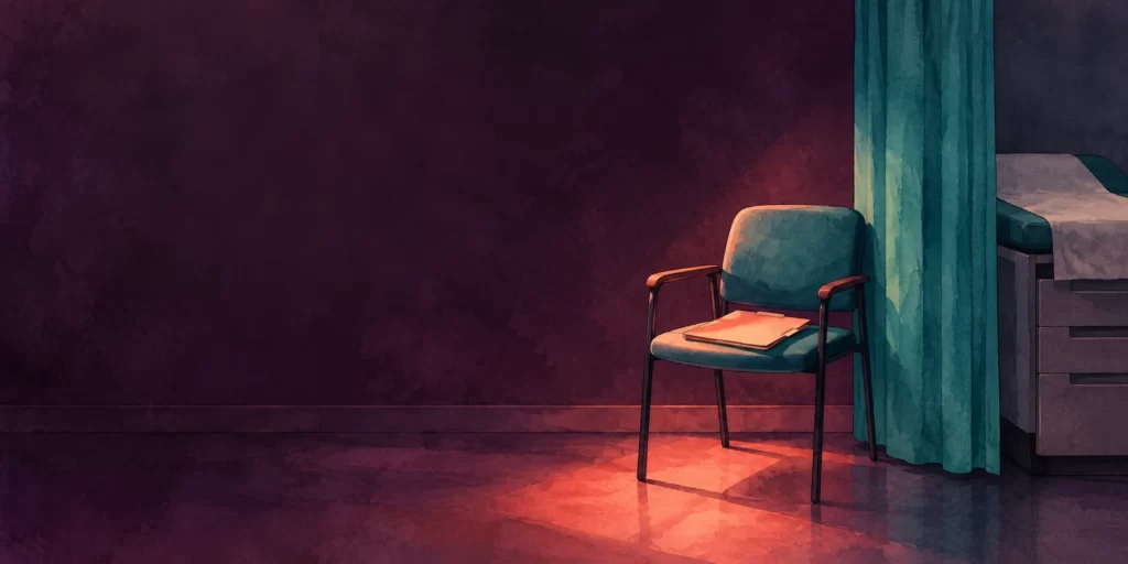 Original AI-generated editorial image: Watercolor clinic corner with an empty chair, teal curtain, and closed blank folder against aubergine.