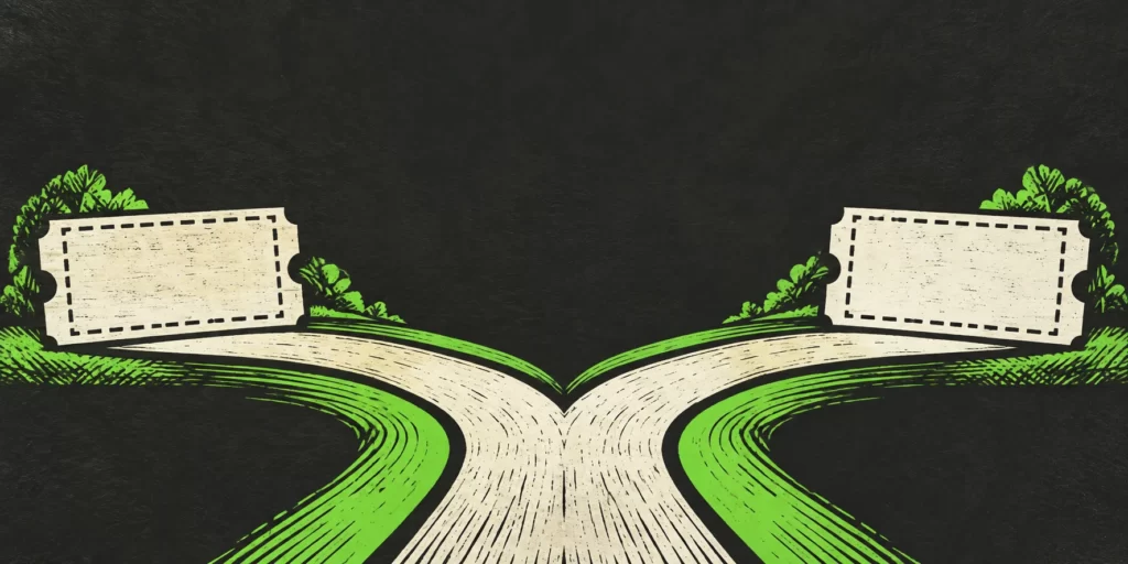 Original AI-generated editorial image: Graphite linocut artwork with blank coupon-like slips and separate electric-green paths.