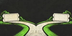 Original AI-generated editorial image: Graphite linocut artwork with blank coupon-like slips and separate electric-green paths.