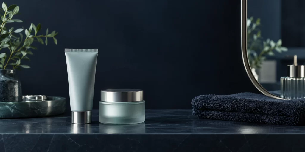 Original AI-generated editorial image: Unbranded cream tube, moisturizer jar, mirror, and folded towel on a midnight-blue shelf.
