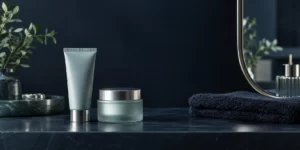 Original AI-generated editorial image: Unbranded cream tube, moisturizer jar, mirror, and folded towel on a midnight-blue shelf.