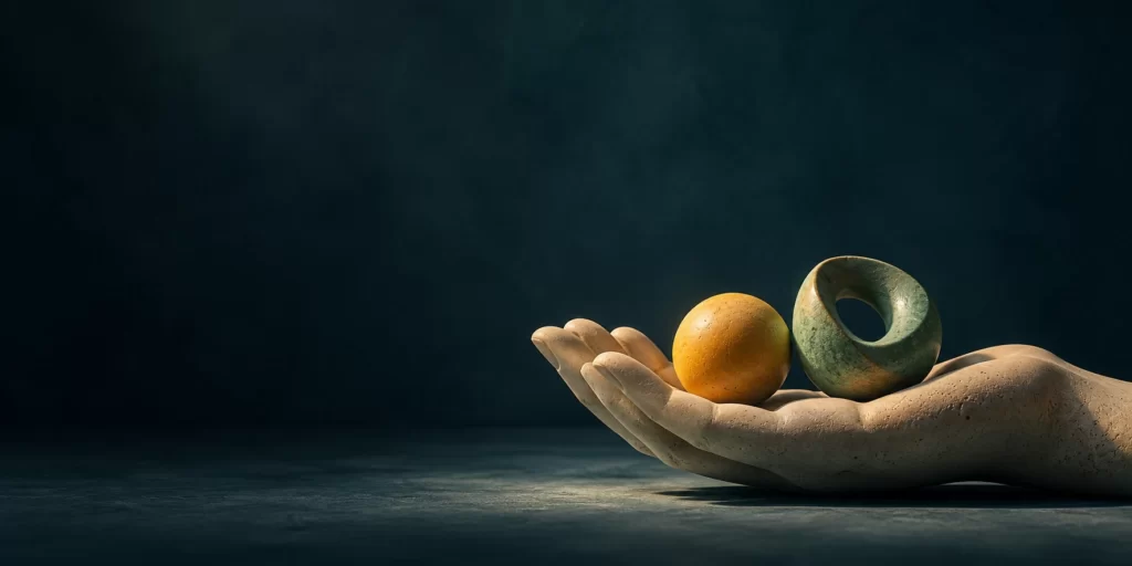 Original AI-generated editorial image: Ceramic hand holds separate saffron and green abstract forms against dark blue-green.