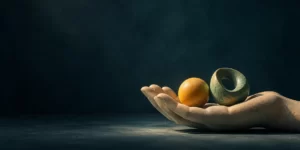 Original AI-generated editorial image: Ceramic hand holds separate saffron and green abstract forms against dark blue-green.