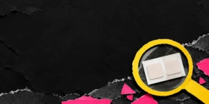 Original AI-generated editorial image: Yellow paper magnifier frames two blank adhesive squares on a black and pink collage.