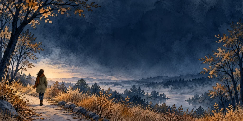 Original AI-generated editorial image: Ink-and-wash landscape with a fictional woman walking among indigo trees and ochre grasses.