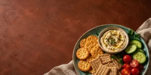 Original AI-generated editorial image: Golden crackers with white-bean dip and vegetables on turquoise ceramic against terracotta.