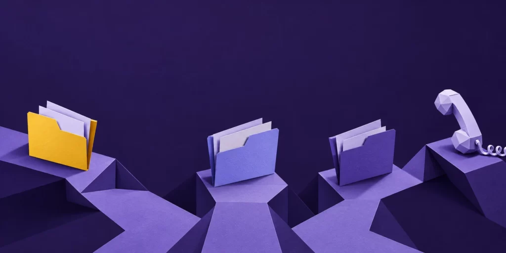 Original AI-generated editorial image: Violet folded-paper folders and telephone with sunflower-yellow accents.