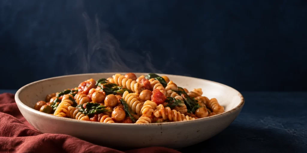 Original AI-generated editorial image: Ivory bowl with pasta, chickpeas, tomato sauce, and leafy greens against deep cobalt.