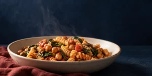 Original AI-generated editorial image: Ivory bowl with pasta, chickpeas, tomato sauce, and leafy greens against deep cobalt.