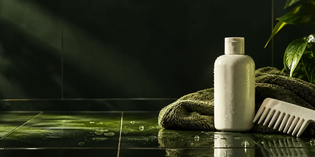Original AI-generated editorial image: Unbranded white shampoo bottle, towel, and comb on wet dark moss-green tiles.