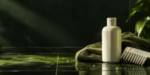 Original AI-generated editorial image: Unbranded white shampoo bottle, towel, and comb on wet dark moss-green tiles.