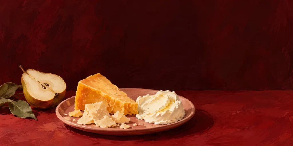 Original AI-generated editorial image: Gouache painting of cheddar, cheese spread, Parmesan flakes, and pear on an oxblood tabletop.
