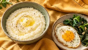 Overhead photograph-style scene of grits with butter and pepper beside an egg and greens on harvest-gold cloth.