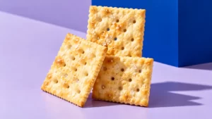 Golden saltine crackers form a small stack against a lilac background and cobalt geometric block.