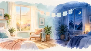 Watercolor room shifts from peach morning light to blue evening light, with a row of blank calendar squares.