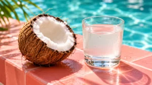 Opened coconut beside a glass of coconut water on a coral surface near turquoise water.