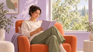 Fully clothed fictional adult woman reads in a persimmon armchair beside a sunny window, with lavender and olive accents.