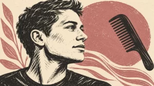 Charcoal linocut profile of a fictional adult man beside a comb, with ivory and dusty-rose shapes.