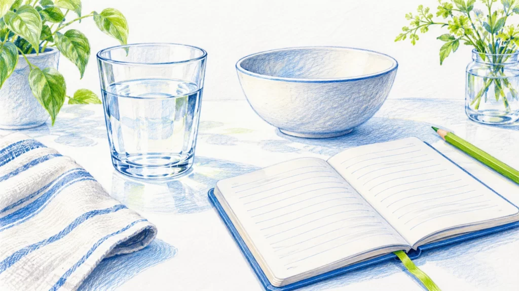 Colored-pencil still life of a water glass, bowl, blank notebook, and lime pencil on a bright white tabletop.