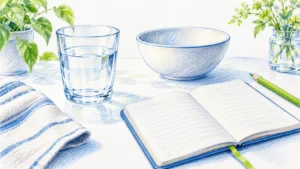 Colored-pencil still life of a water glass, bowl, blank notebook, and lime pencil on a bright white tabletop.