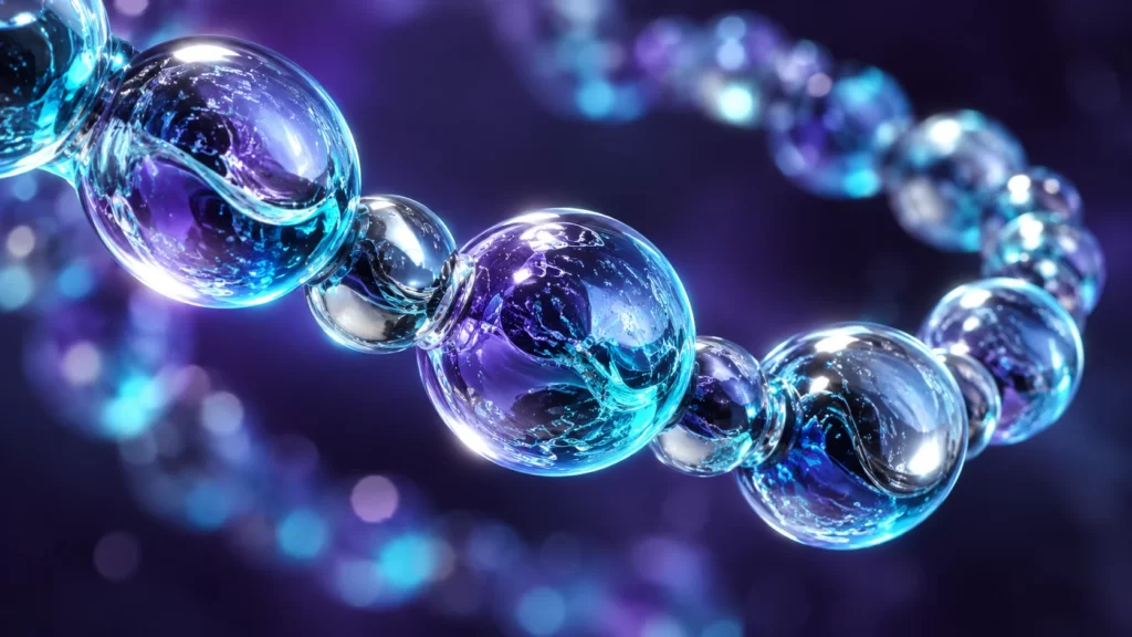 Conceptual chain of luminous cyan and silver glass beads against purple; an abstract illustration, not a molecular model.