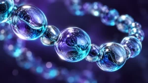 Conceptual chain of luminous cyan and silver glass beads against purple; an abstract illustration, not a molecular model.