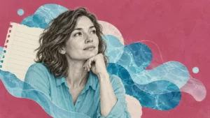 Mixed-media portrait of a fictional adult woman with cyan water textures, torn paper, and a magenta background.
