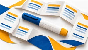 Layered white, saffron, and blue paper art surrounds one intact, capped generic medicine pen and an abstract instruction leaflet.