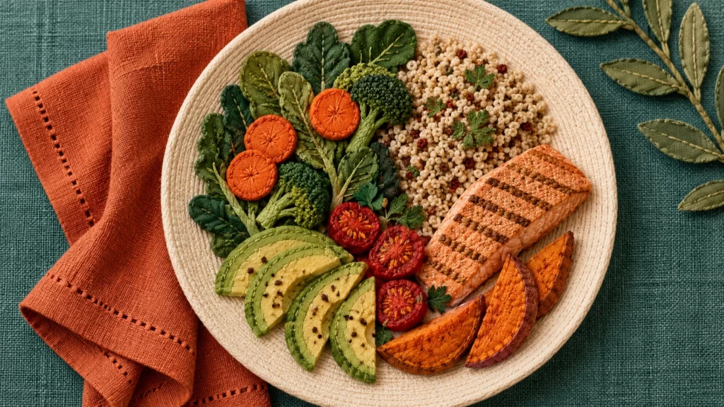 Woven textile collage of a cream plate with conceptual vegetables, grains, and protein food, on teal and terracotta cloth.