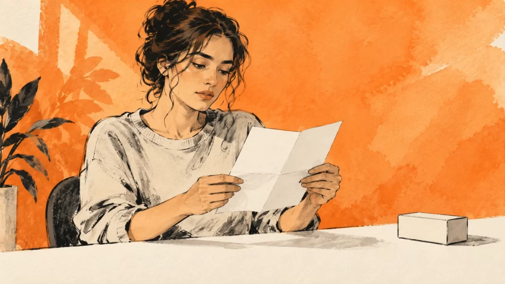 Apricot and charcoal ink-and-wash illustration of a fictional adult reading a blank medicine leaflet at an ivory desk.