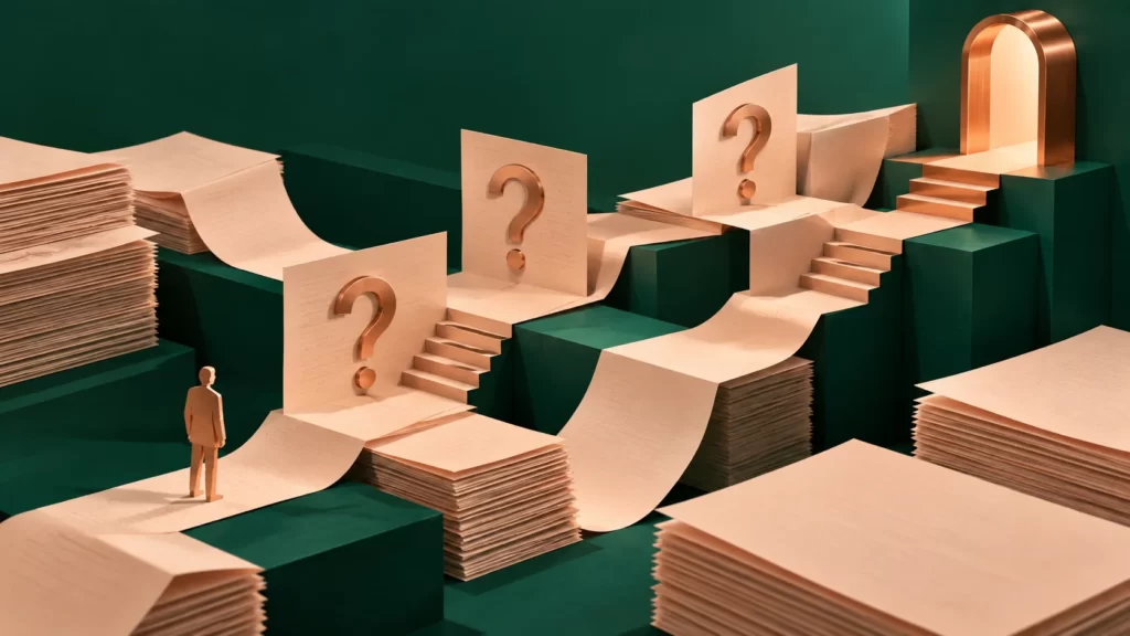 Emerald, peach, and copper paper architecture with blank documents, abstract question marks, and a stepped path toward a doorway.