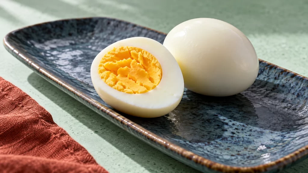 Peeled and halved hard-boiled eggs on an elongated slate-blue platter, with a mint-green counter and brick-red linen.